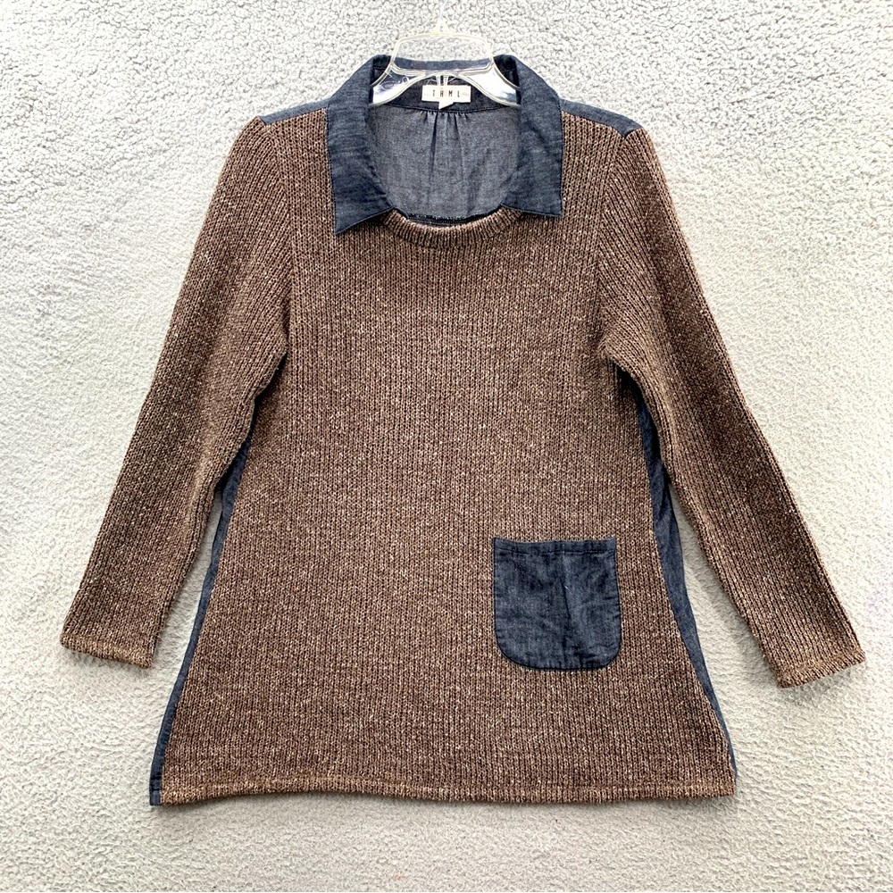 THML Anthropologie Collared Knit Contrast Denim Tunic Sweater Top Pocket Size S